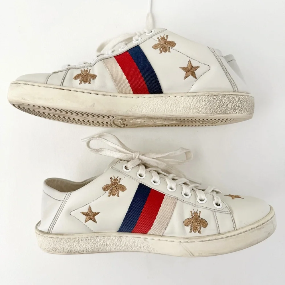 GUCCI || Ace‎ White Leather Embroidered Bee Star Sneakers Collapsible Heel EU 36